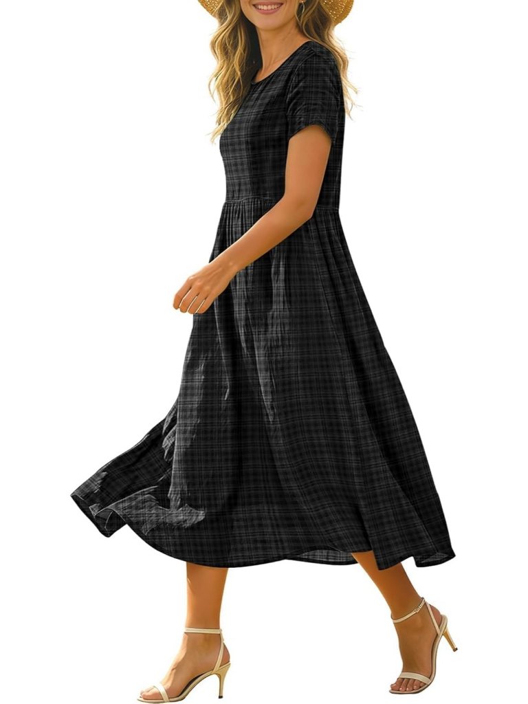 Women's Black Boho Floral Midi Cotton Summer Beach Casual Loose Fit Dress